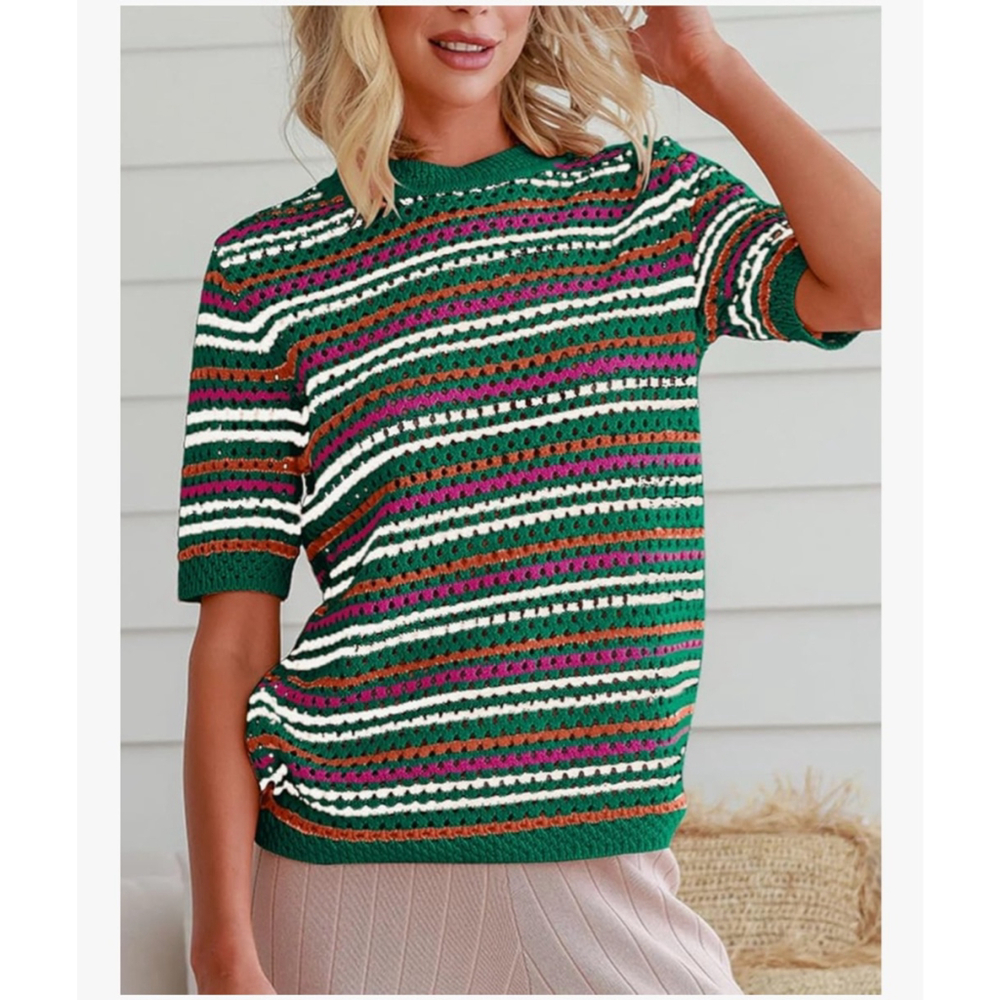 NEW Crewneck Short Sleeve Striped Knit Hollow Out Sweater Shirts Blouse XL